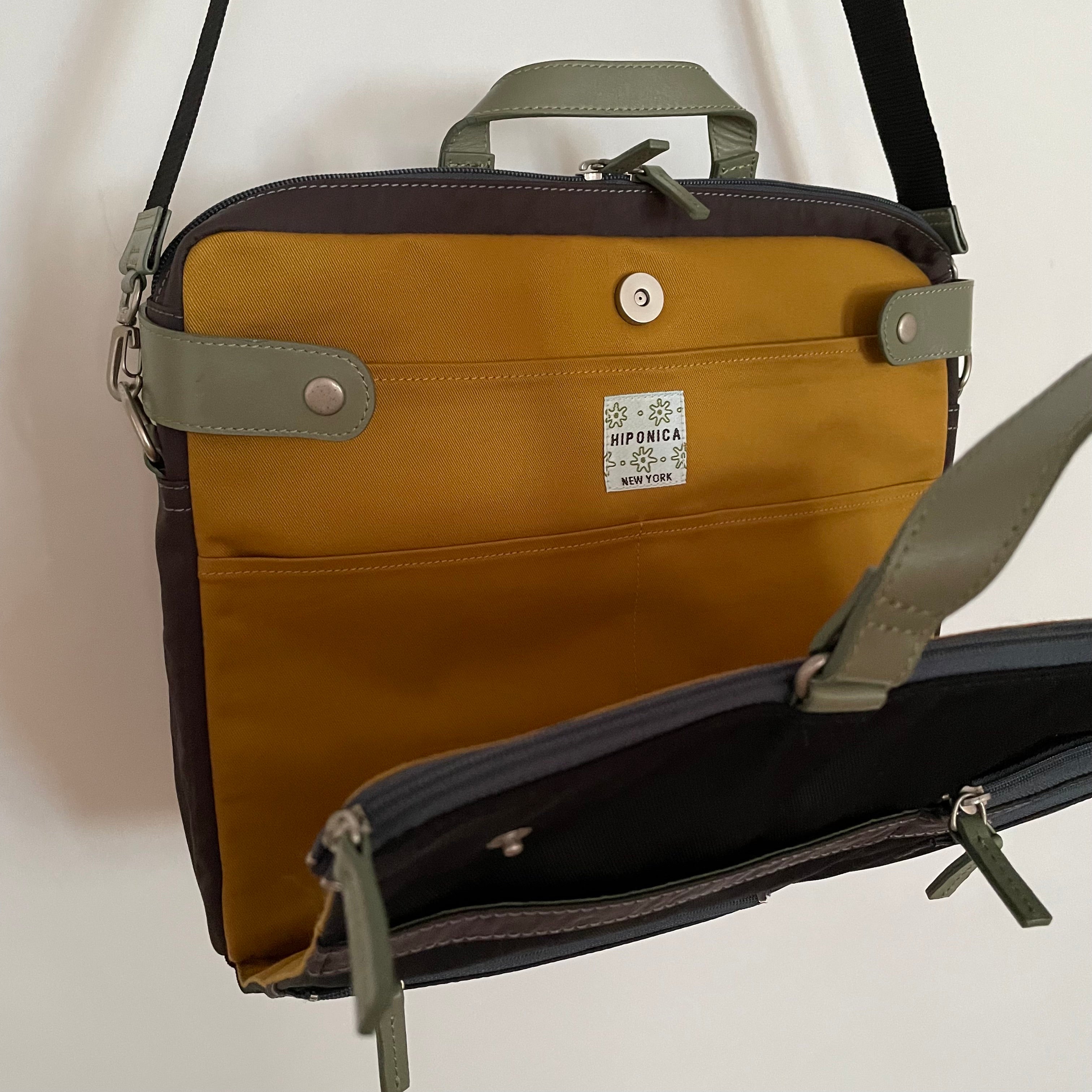 Premium Collection | Nylon x Leather Briefcase with Stripe Stitch Accents | Black x Sage